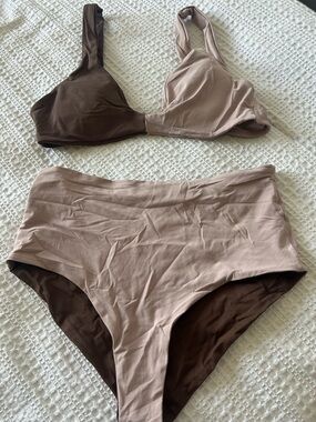 l*space Two-Tone Brown and Taupe High-Waist Bikini Set